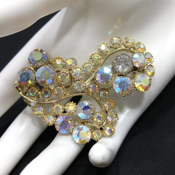 Vintage BSK Gold Aurora Borealis Rhinestone Floral Brooch 1950s Signed B.S.K. - Picture 3 of 9